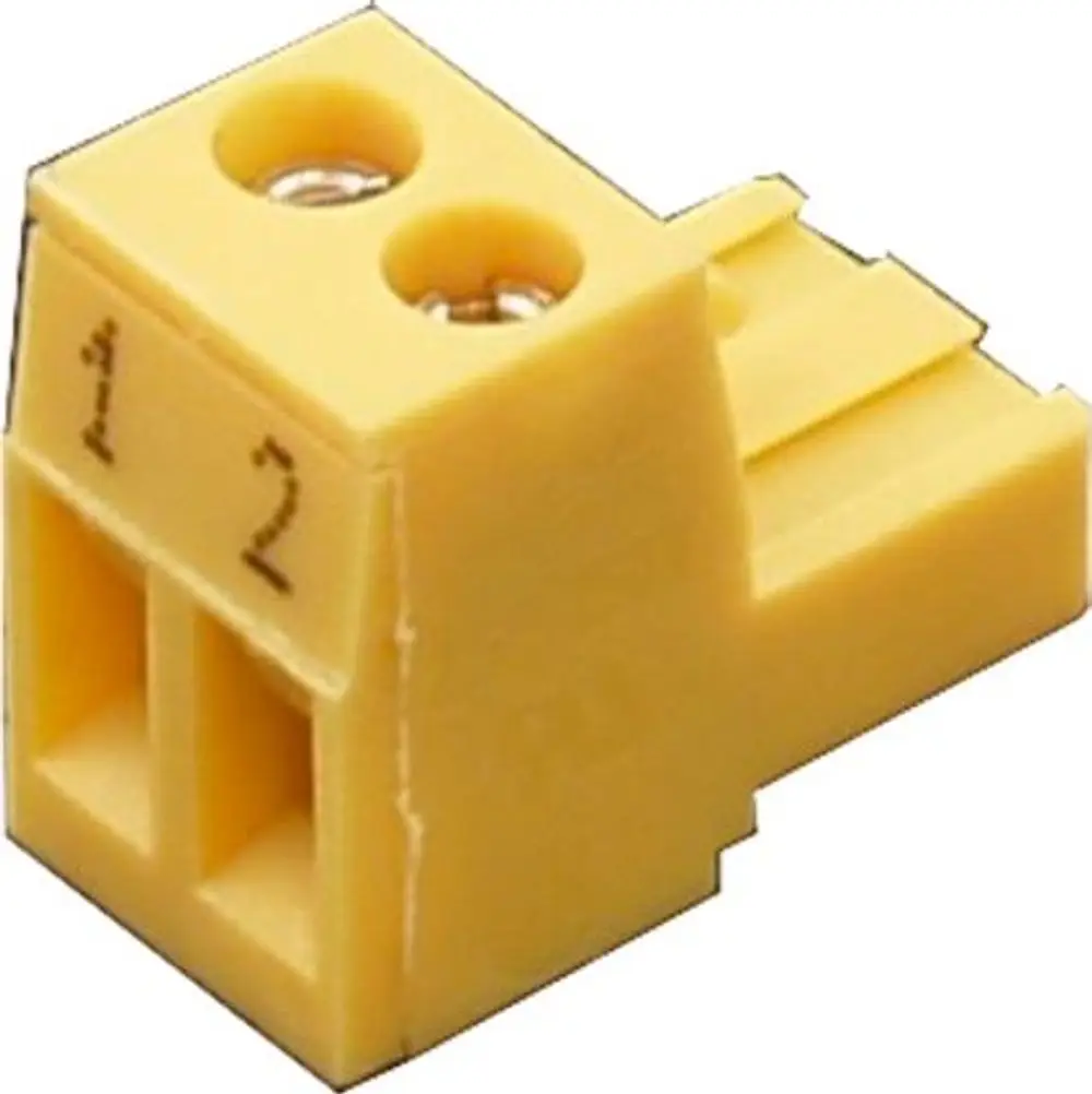 Gelber, 2-poliger Gegenstecker, geeignet für elektronische Anwendungen, gefertigt von Wolf, mit zwei Anschlusslöchern und einer seitlichen Befestigungsstelle.